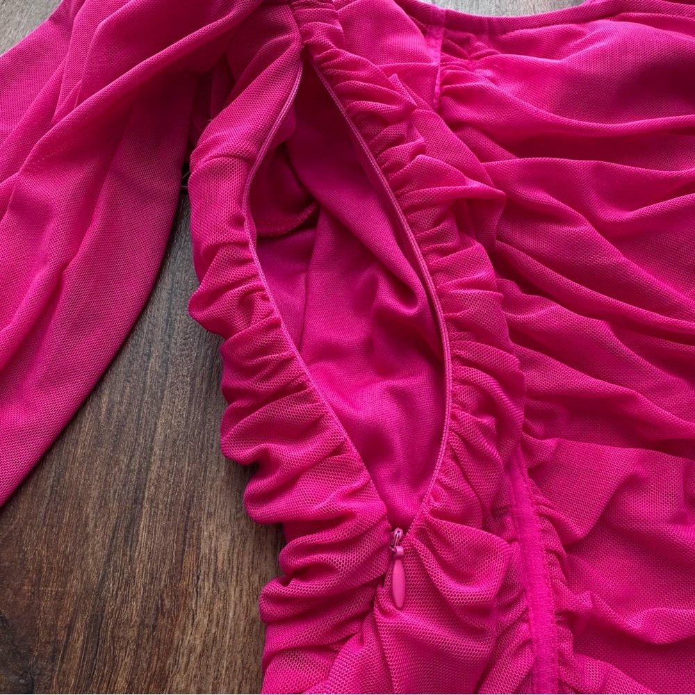 Princess Polly Hot Pink Ruched Mesh Long Flowy Sleeve Bodycon Dress Feminine - Picture 9 of 9